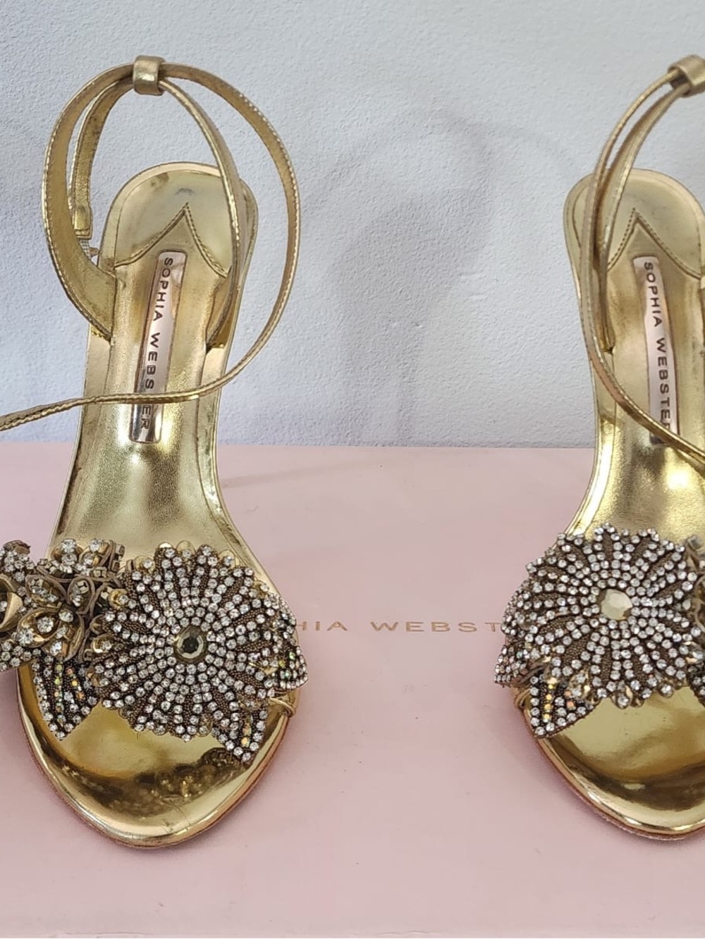 Sophia Webster Metallic Gold Crystal Floral Strap Sandals